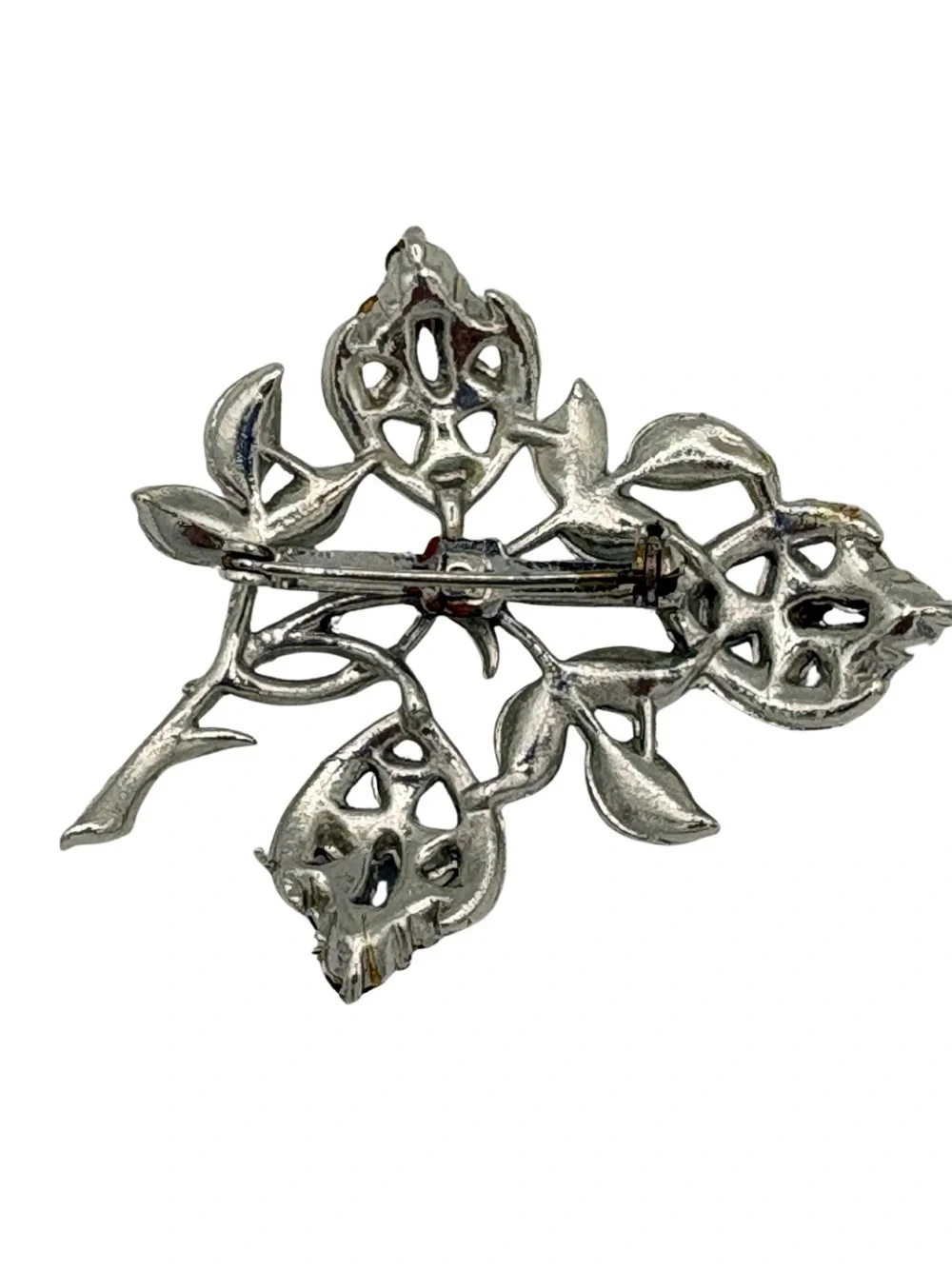 Silver Floral Leaf Brooch with Blue Stones